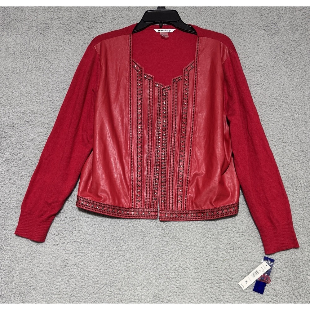 Nygard Slims Missy Faux Leather Red Sweater Jacket Womens XL NEW Rhinestones